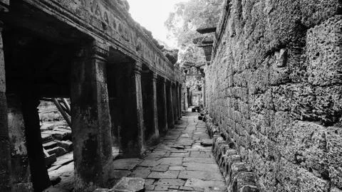 Empty corridor (Angkor Wat, Siem Reap, Cambodia) Stock Photos