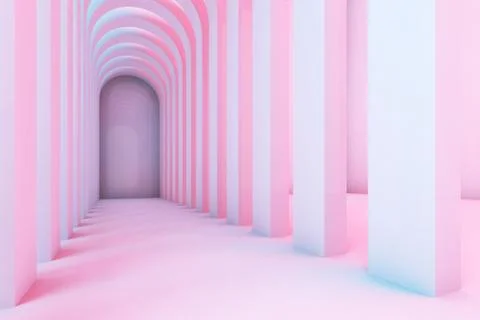 Empty corridor of arches with colorful illumination, 3d Ilustración de archivo