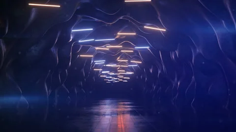Empty corridor with blue fluorescent lamps 3D render seamless loop animation Video stock 156371649