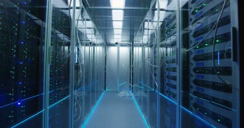 An empty corridor with cables in a data center Stock Footage 98007947