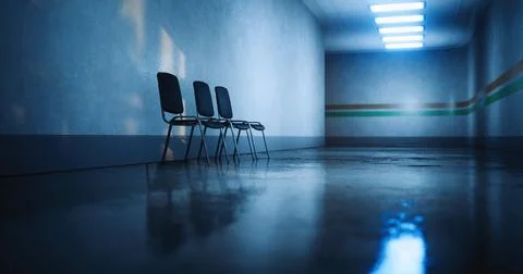 Empty corridor with chairs and reflective floor creating a quiet atmosphere Ilustración de archivo