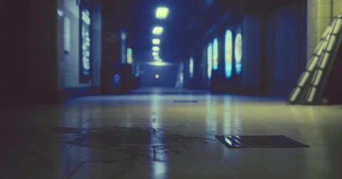 Empty corridor with fluorescent lights illuminating wet floor at night Ilustración de archivo