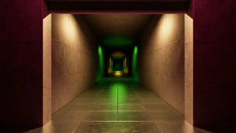 Empty corridor with green lights illuminating concrete walls Ilustración de archivo