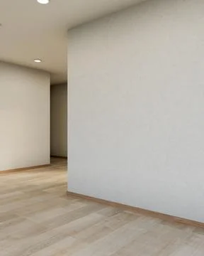 Empty corridor hallway with white wall and ceiling lamp over wood parquet f.. Ilustración de archivo