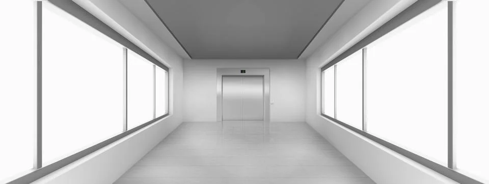 Empty corridor with large windows, elevator door Stock Illustration