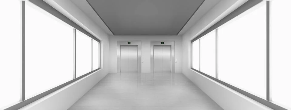 Empty corridor with large windows, elevator doors Ilustración de archivo
