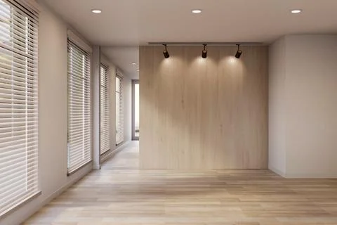 Empty corridor or hallway with ceiling spotlight on wooden wall and window .. Ilustración de archivo