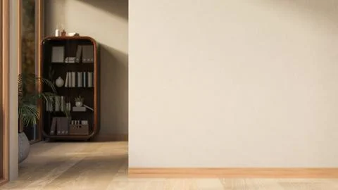 Empty corridor or hallway with white wall and wooden parquet floor and disp.. Stock Illustration
