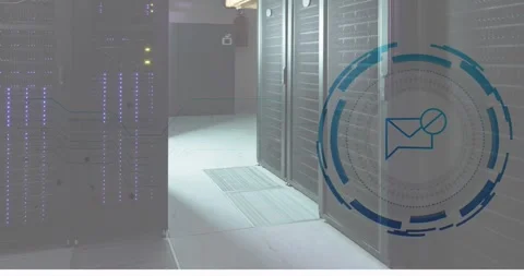 An empty corridor with rows of computer servers with purple lights Stock Footage 329372474