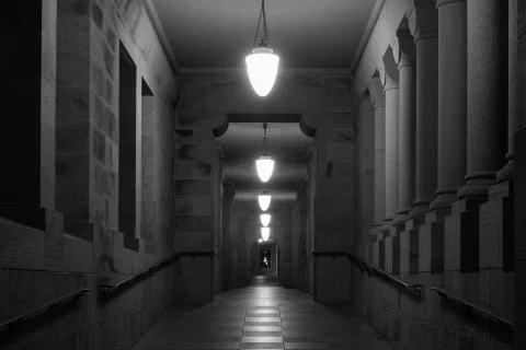 Empty Corridor in Stanford University at Night Stock Photos