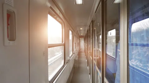 Empty corridor in the train cabin while traveling in 4k slow motion Video stock 90141276