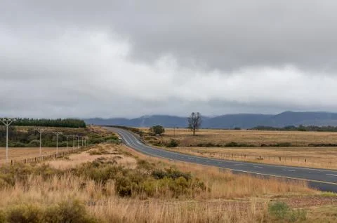 Empty countryside road landscape with fields and pastures Stock Photos