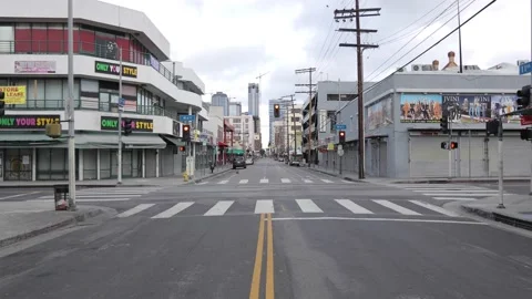 Empty Covid-19 downtown Los Angeles street shot on a cloudy day Stock Footage 139315574