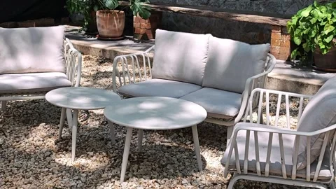 Empty cozy chair and table. Outdoor. Stock Footage 306995465