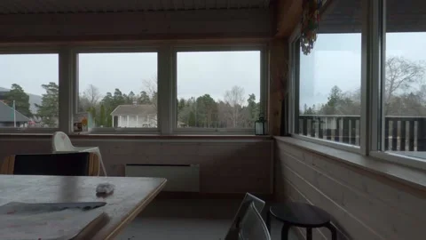 Empty cozy restaurant interior with windows overlooking Ekebergparken Oslo Stock Footage 340959595