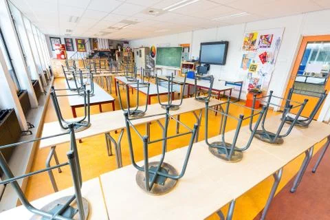 Empty crafts classroom on dutch high school Stock Photos