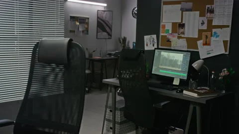 Empty Creative Office Displaying Video Editing Software on Monitor Stock Footage 348354800