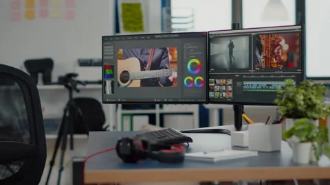 Empty creative workplace with professional computer placed on desk Stock Footage 152769361