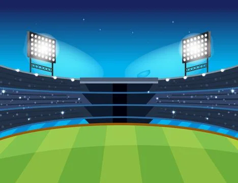 Empty Cricket Stadium at Night with Bright Floodlights and Green Pitch Illustrazione stock
