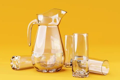 Empty crockery set, decanter with glasses on a yellow isolated background. he Stock Photos
