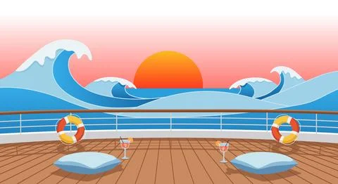 Empty Cruise Ship Deck with Sunset and Lifebuoys Illustrazione stock