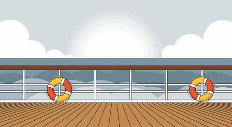 Empty Cruise Ship Deck with Sunset and Lifebuoys Stock Illustration