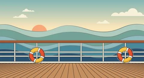 Empty Cruise Ship Deck with Sunset and Lifebuoys Stock Illustration