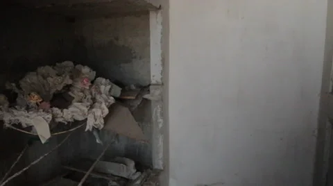 Empty Crypt in Cemetery Grave Yard, Pan across to Slabs Stock Footage 48383082