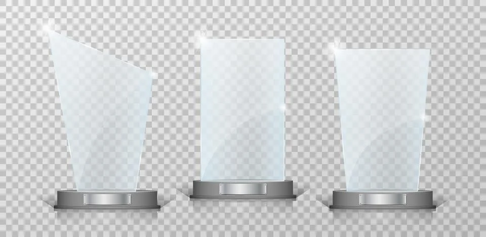 Empty Crystal glass trophy awards set. Glossy transparent trophy for award on Illustrazione stock