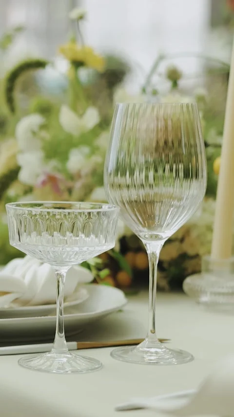 Empty crystal glasses on a wedding table. table for a festive event or wedding Stock Footage 306155851