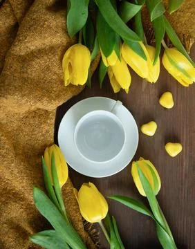 An empty cup with yellow tulips Foto stock