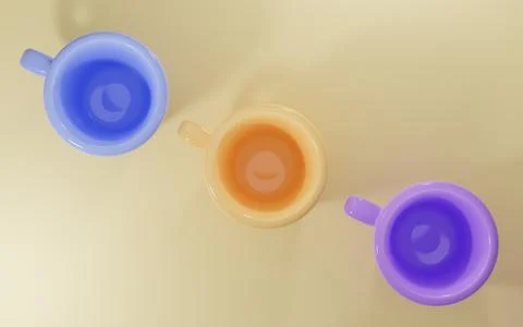 Empty cups for coffee and tea top view. Collection of colored ceramic mugs on Stock Photos