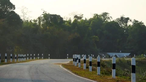 Empty curved rural road with roadside safety posts and forest background Stock Footage 328340691