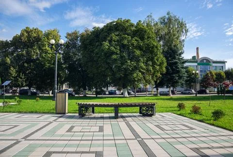 Empty curved wooden bench on patterned stone square near green trees Stock Photos