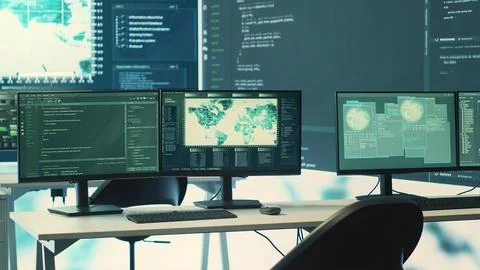 Empty cyber operations center for governmental hacking and threat detection Stock Photos