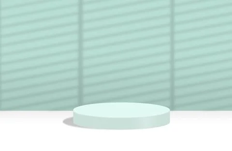 Empty cylindrical platform on blue pastel backdrop with shadow of window louvers Illustrazione stock