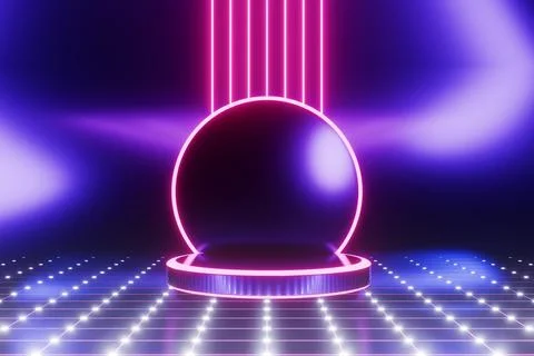 Empty cylindrical podium against a background of neon network and lines. Illustrazione stock