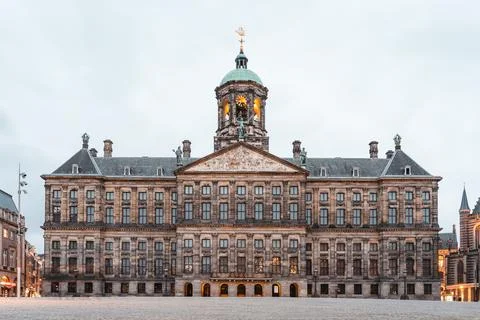 Empty Dam Square during the end of the day Royal Palace Amsterdam Netherlands Stock Photos