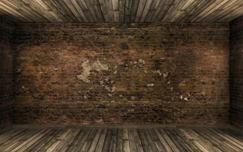 Empty dark abandoned room interior with cracked brick wall and hardwood floor Stock Illustration