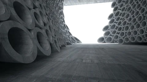 Empty dark abstract concrete room interior with array of rings. Stock Footage 87777573