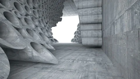 Empty dark abstract concrete room interior with array of rings. Stock Footage 87777577