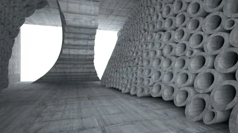 Empty dark abstract concrete room interior with array of rings. Stock Footage 87777586