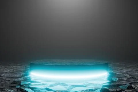 Empty dark blue illuminated studio podium stage background for product display Stock Illustration