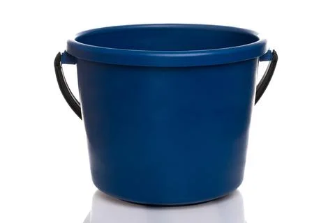 Empty dark blue plastic bucket with a black handle on a white background Stock Photos
