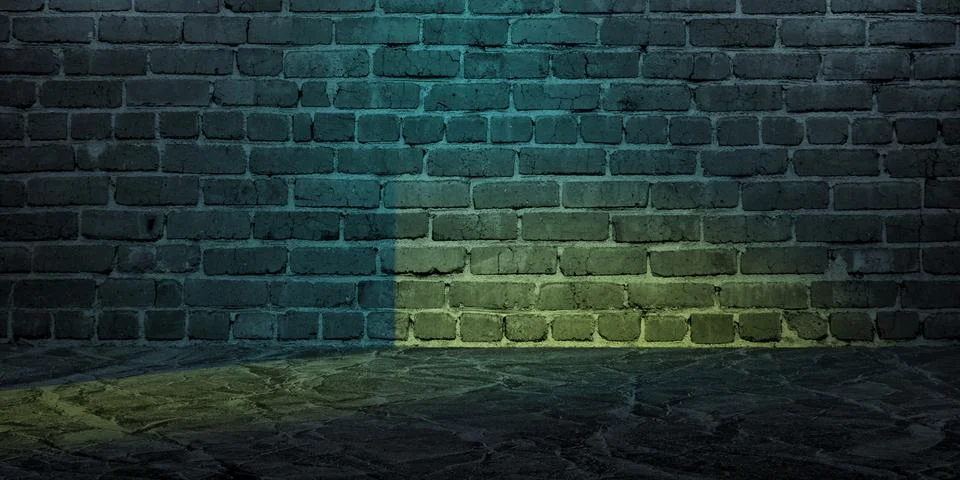 Empty dark brick wall, lighting falling from the ajar door, studio room 스톡 사진