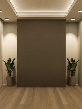 Empty dark color wall and potted plant on wooden parquet floor under lamp l.. Ilustración de archivo