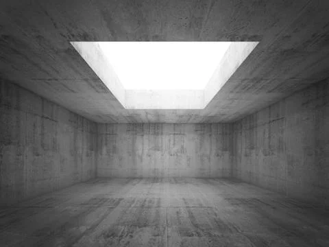 Empty dark concrete room interior with white opening in ceiling, 3d illustrat Stock Illustration