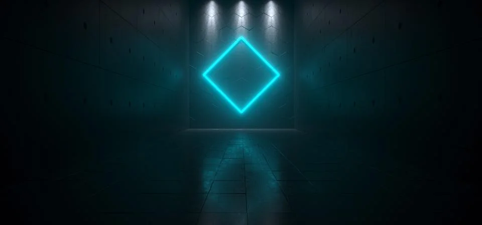 Empty Dark Futuristic Sci Fi Big Hall Room With Lights And Rombus Shaped Neon Illustrazione stock