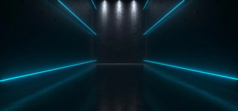 Empty Dark Futuristic Sci Fi Big Hall Room With Lights And Refelction Surface Illustrazione stock