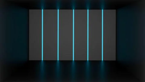 Empty Dark Futuristic Sci Fi Room With Blue Neon Lights And Reflection Surface Illustrazione stock